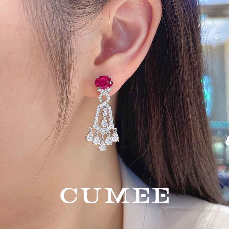 Cumee Cultivates Ruby Drop Earrings with Tassels Cubic Zirconia 925 Sterling Silver Gold-plated Earrings