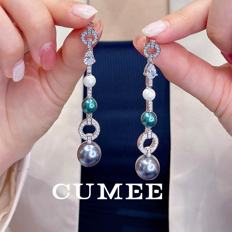 CUMEE Fashion Long Silver Drop Earrings for Women White Bead Artificial Pearl Earrings 925 Silver Plated Gold
