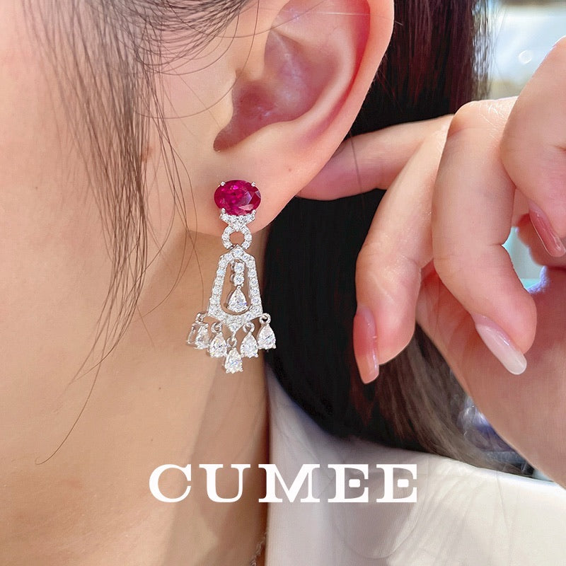 Cumee Cultivates Ruby Drop Earrings with Tassels Cubic Zirconia 925 Sterling Silver Gold-plated Earrings
