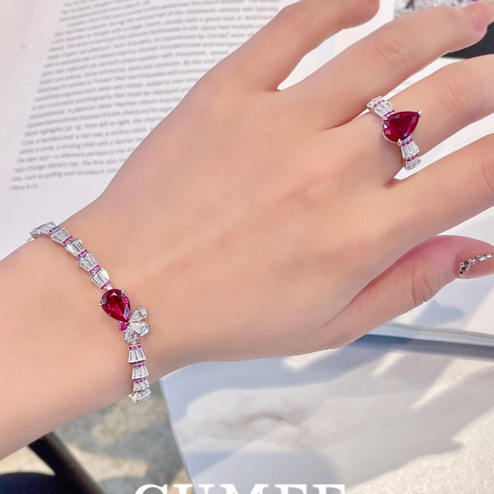 CUMEE Pear Ruby Ring Gemstone Lab Created Minimalist Design Cultivation Synthetic Ruby 925 Silver Gold-plated