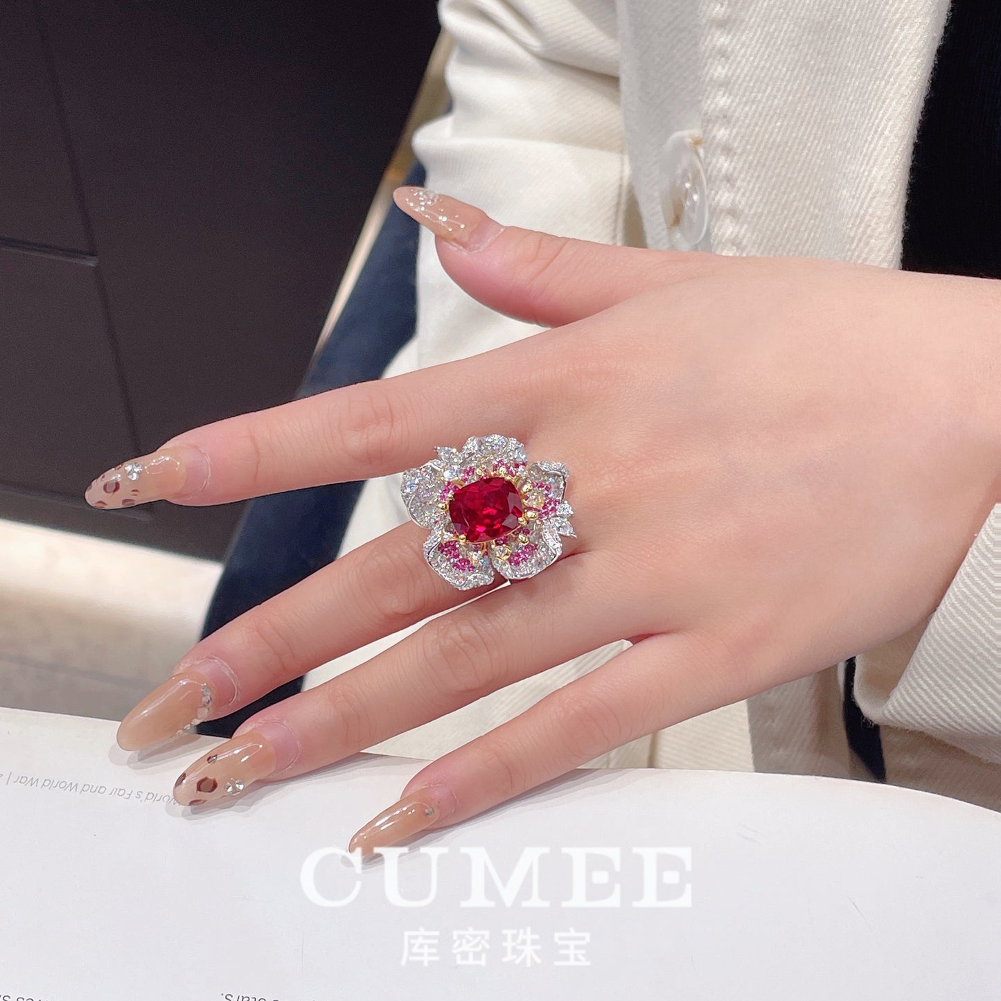 Cumee Fine Jewelry Peony Series Noble Cultivation Synthetic Ruby Ring Earring Brooch Set for Women. 925 Silver-plated Gold