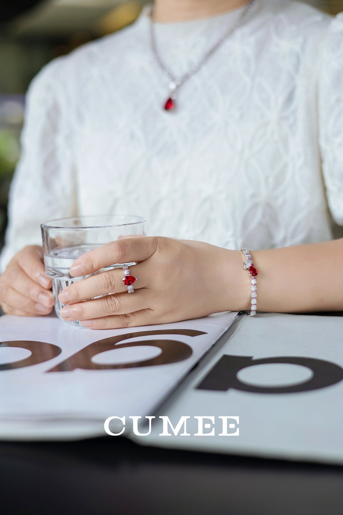 CUMEE Pear Ruby Ring Gemstone Lab Created Minimalist Design Cultivation Synthetic Ruby 925 Silver Gold-plated
