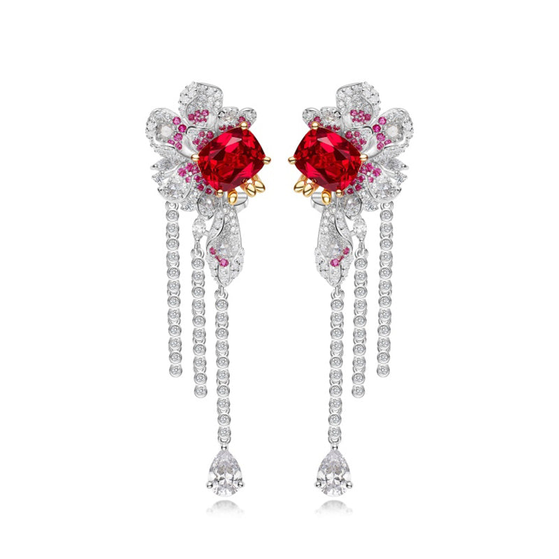 Cumee Fine Jewelry Peony Series Noble Cultivation Synthetic Ruby Ring Earring Brooch Set for Women. 925 Silver-plated Gold