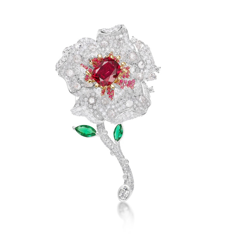 Cumee Fine Jewelry Peony Series Noble Cultivation Synthetic Ruby Ring Earring Brooch Set for Women. 925 Silver-plated Gold