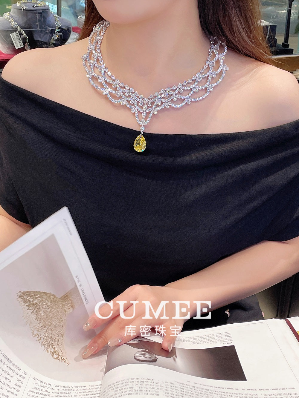 CUMEE Fine Jewelry Women's Peadant Necklace Pear Yellow CZ Gemstone 925 sterling silver with Gold Plated