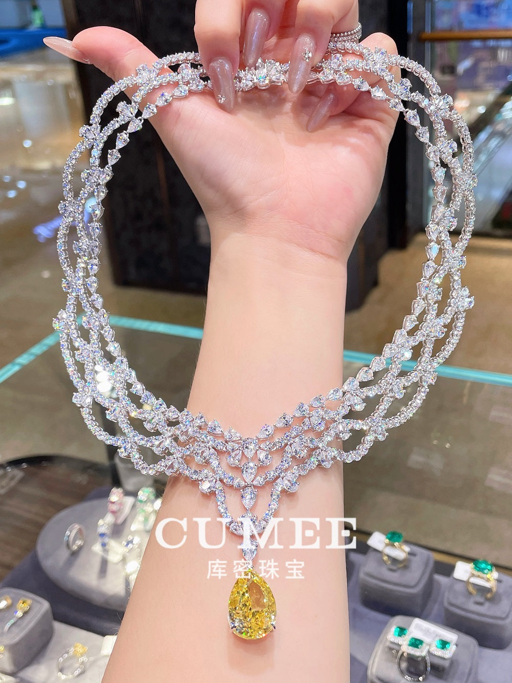CUMEE Fine Jewelry Women's Peadant Necklace Pear Yellow CZ Gemstone 925 sterling silver with Gold Plated