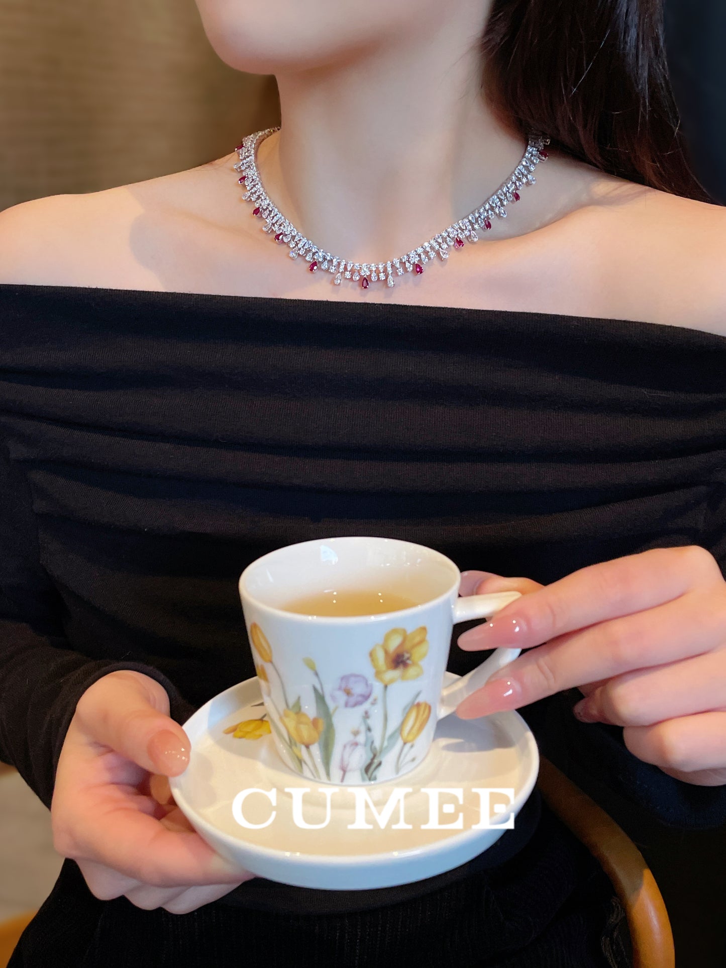 CUMEE Spring and Summer Fashion Cultivates Ruby Necklace for Women 925 Sterling Silver Chain Necklaces Gold-plated