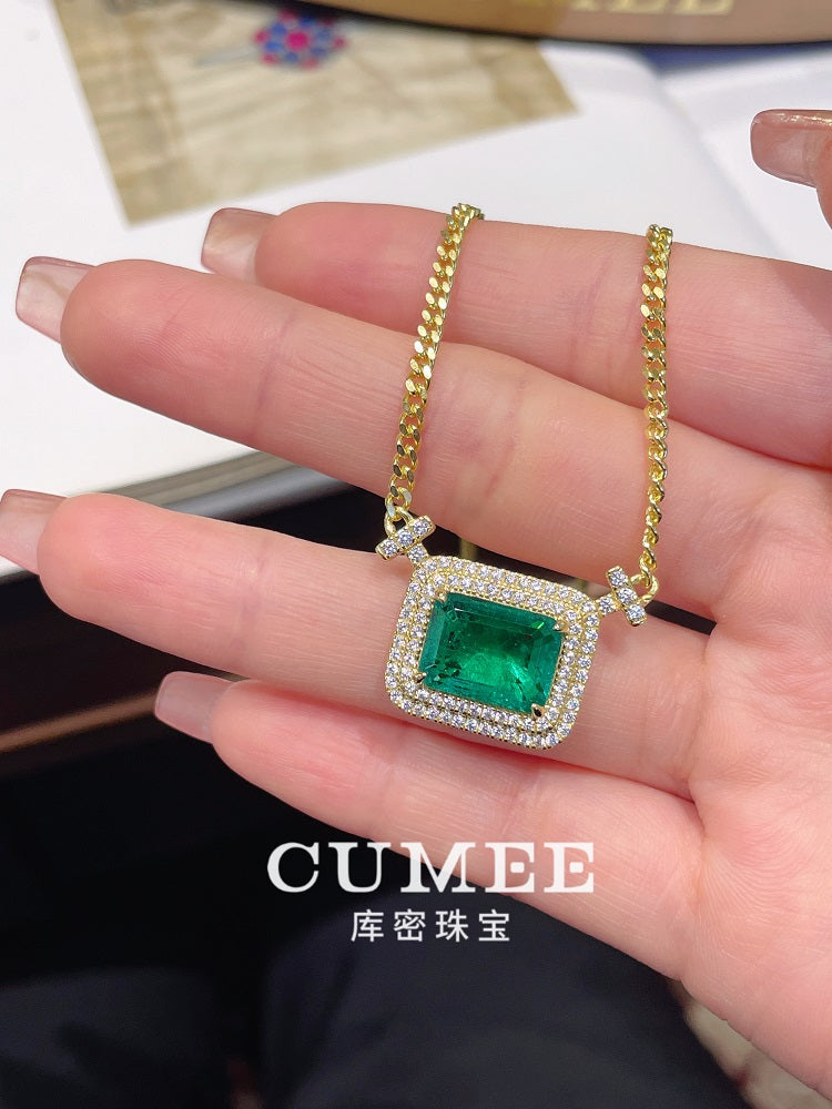 Cumee New Gold Plated Jewelry 925 silver Chain Cultivate Synthetic Emerald Green Necklace Silver Gold Plating