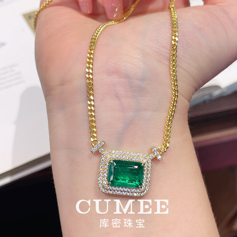Cumee New Gold Plated Jewelry 925 silver Chain Cultivate Synthetic Emerald Green Necklace Silver Gold Plating