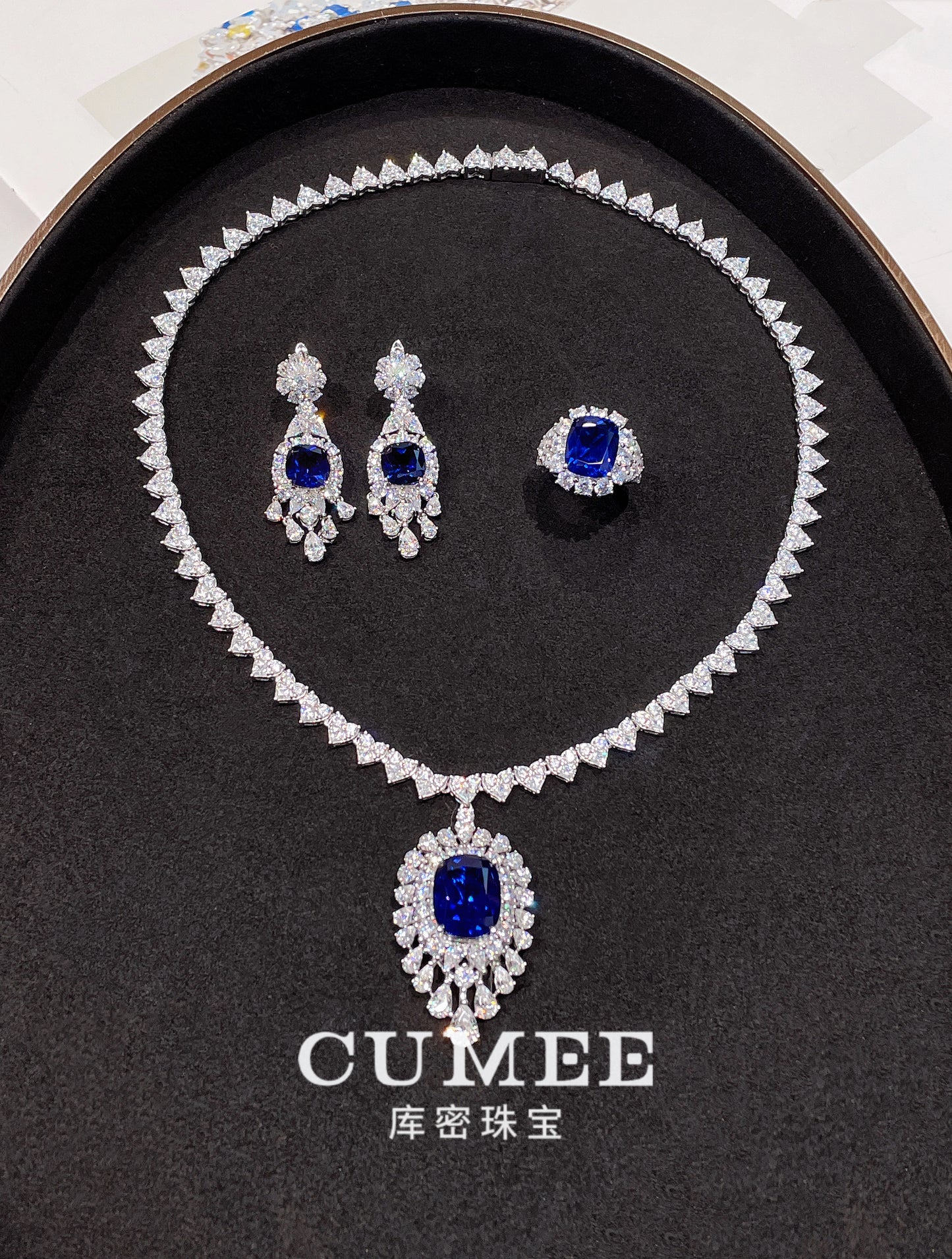 CUMEE New Love Chain Luxury Royal Blue Cultivated Synthetic Blue Gemstone Earring Women Silver Gold-plated Earrings