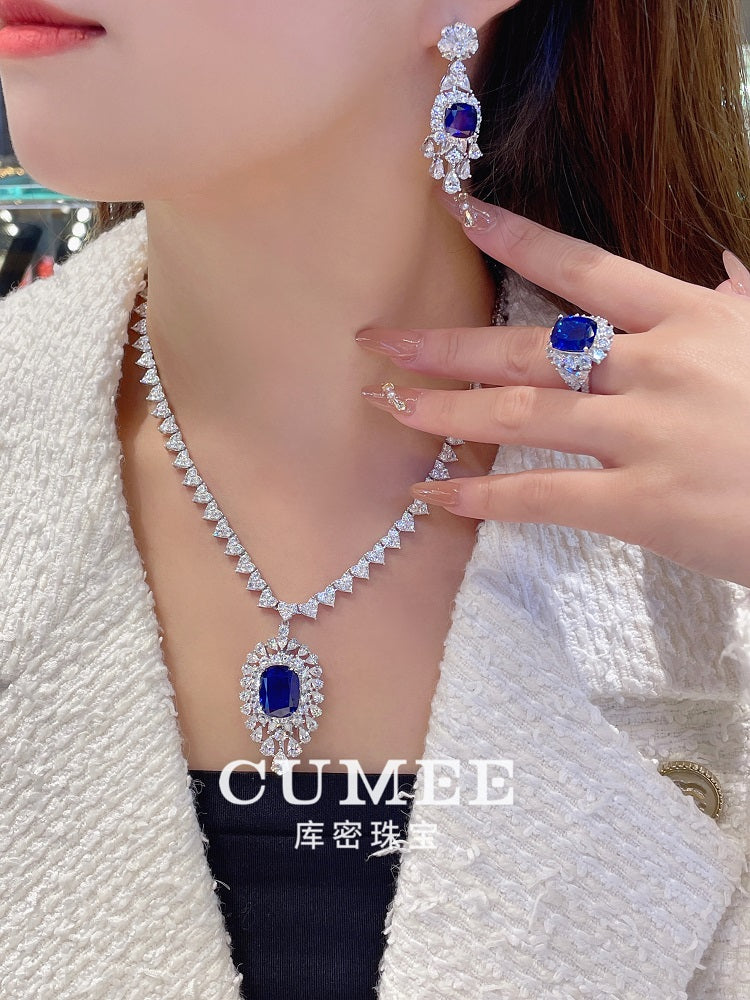 CUMEE New Love Chain Luxury Royal Blue Cultivated Synthetic Blue Gemstone Earring Women Silver Gold-plated Earrings