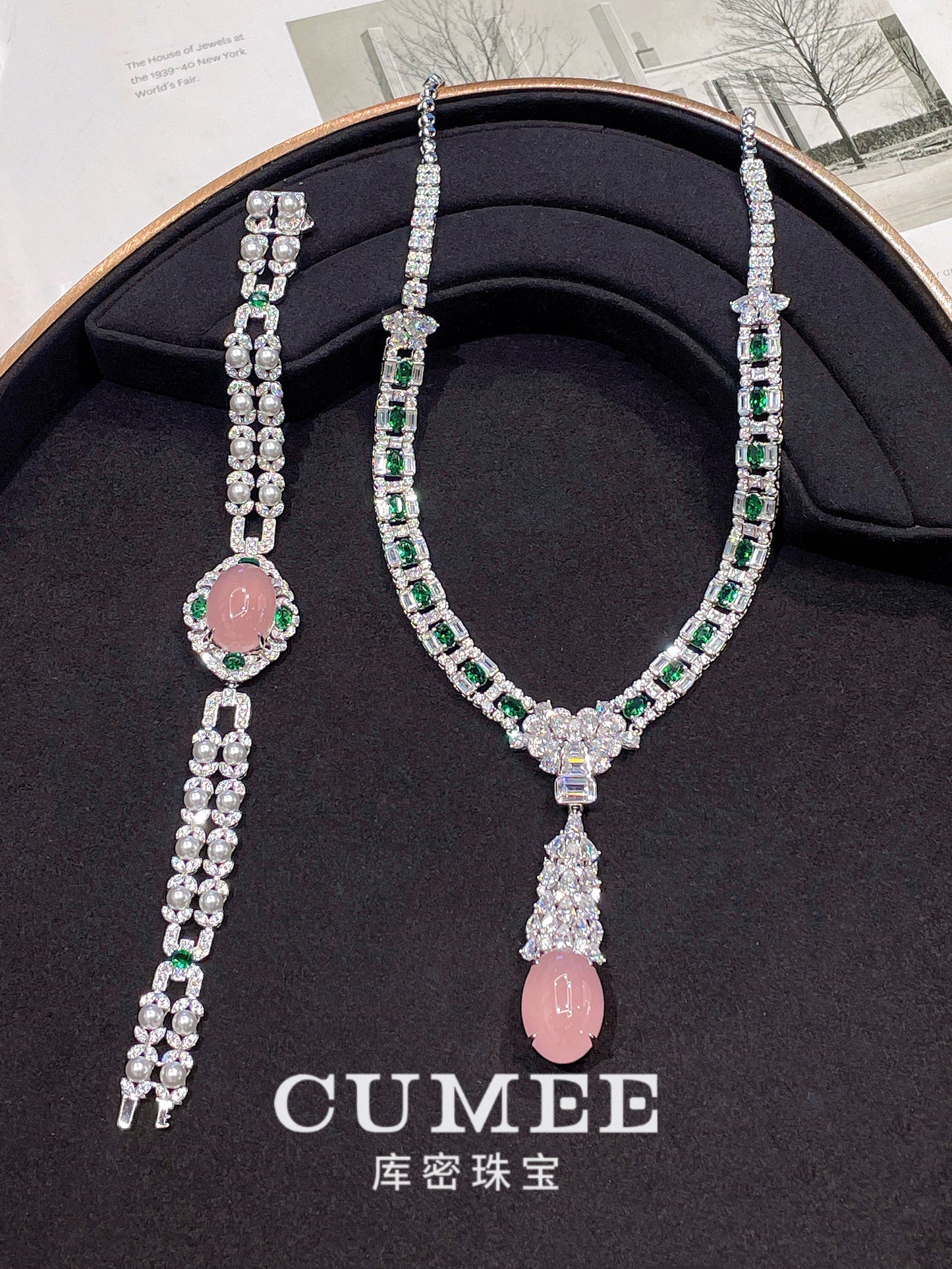 Cumee Vintage Dainty Pink Chalcedony Pendant Necklace Women 925 Sterling Silver CZ Gemstone Gold Plated