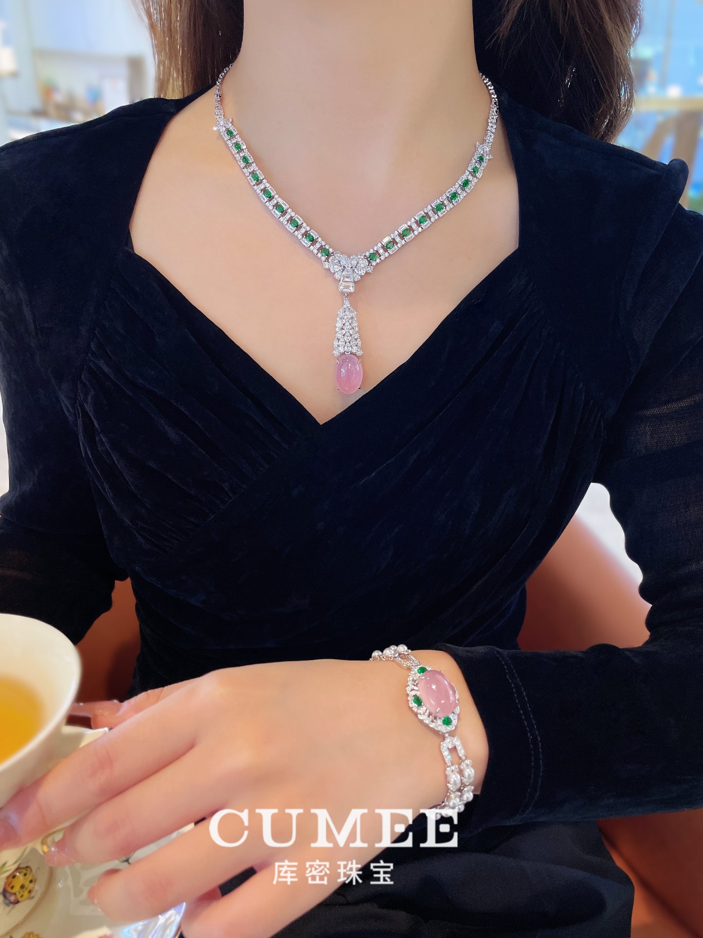 Cumee Vintage Dainty Pink Chalcedony Pendant Necklace Women 925 Sterling Silver CZ Gemstone Gold Plated