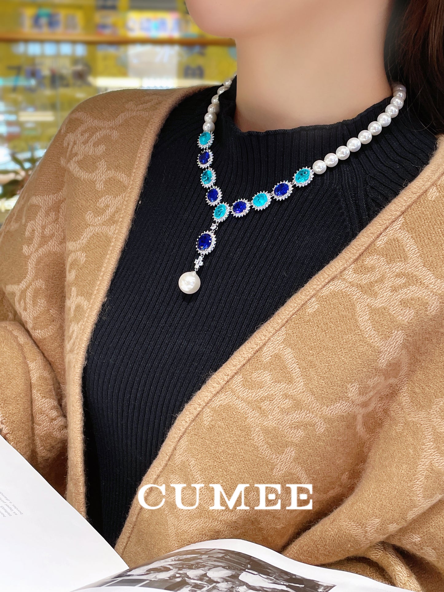 CUMEE Lab Created Sapphire Gemstone Paired Artificial Australia White Pearls Necklace for Women 925 Silver Gold Plated