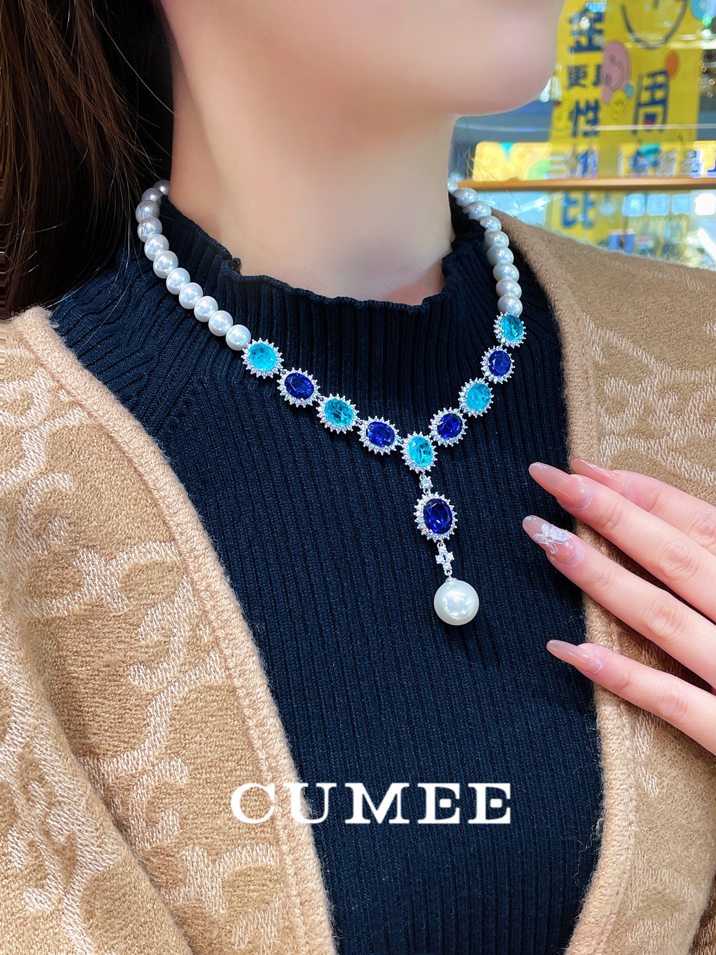 CUMEE Lab Created Sapphire Gemstone Paired Artificial Australia White Pearls Necklace for Women 925 Silver Gold Plated