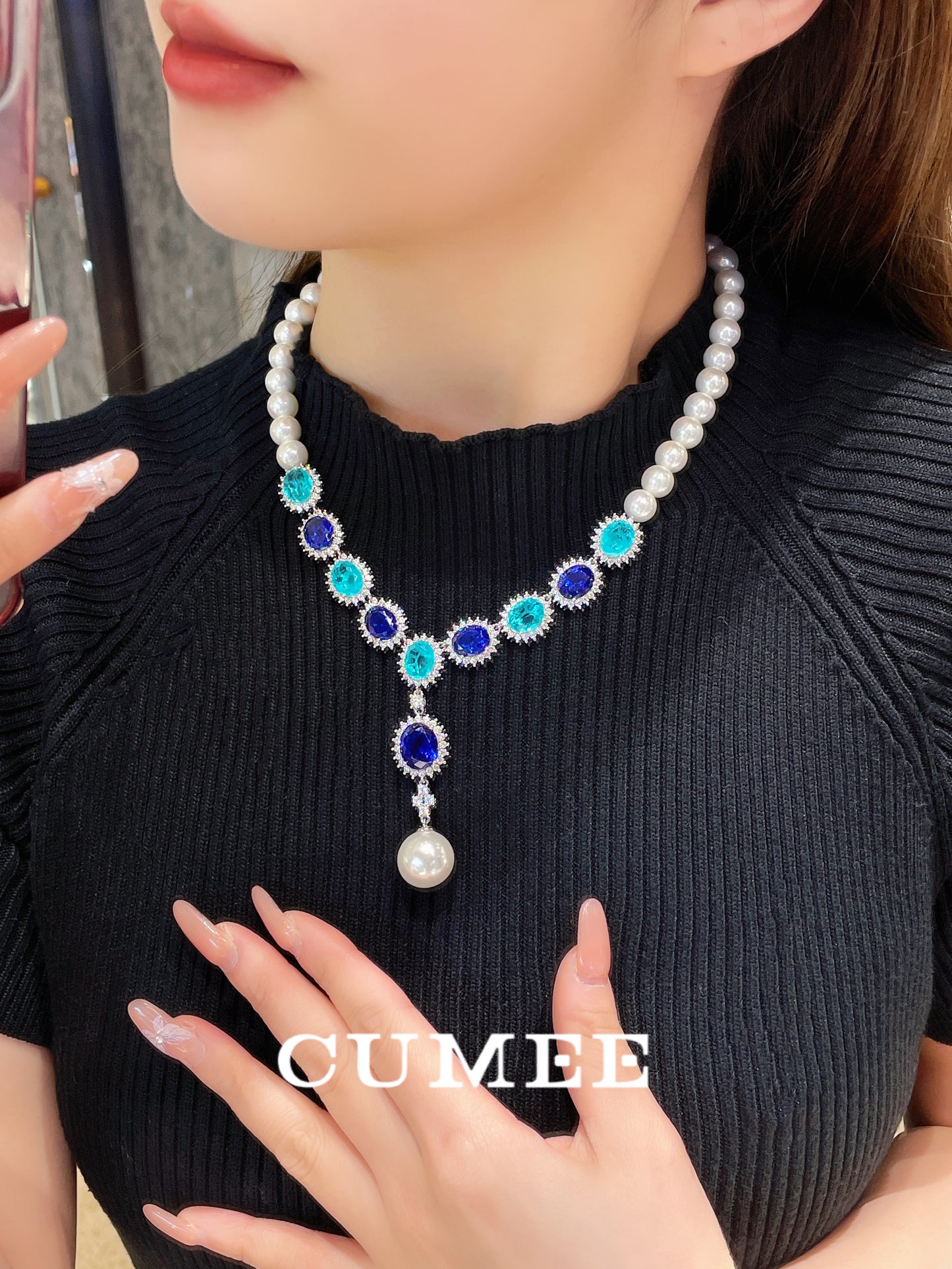 CUMEE Lab Created Sapphire Gemstone Paired Artificial Australia White Pearls Necklace for Women 925 Silver Gold Plated