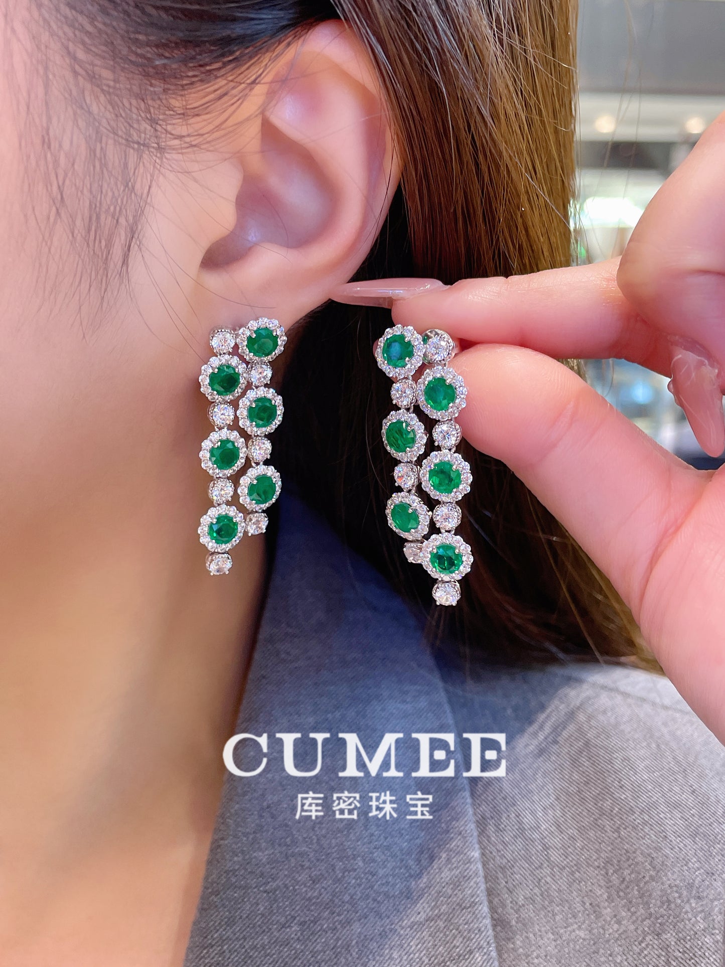 CUMEE Designer Style Tassel Fashion Cultivation Synthetic Emerald Earrings Women Mother with Silver Gold-plated