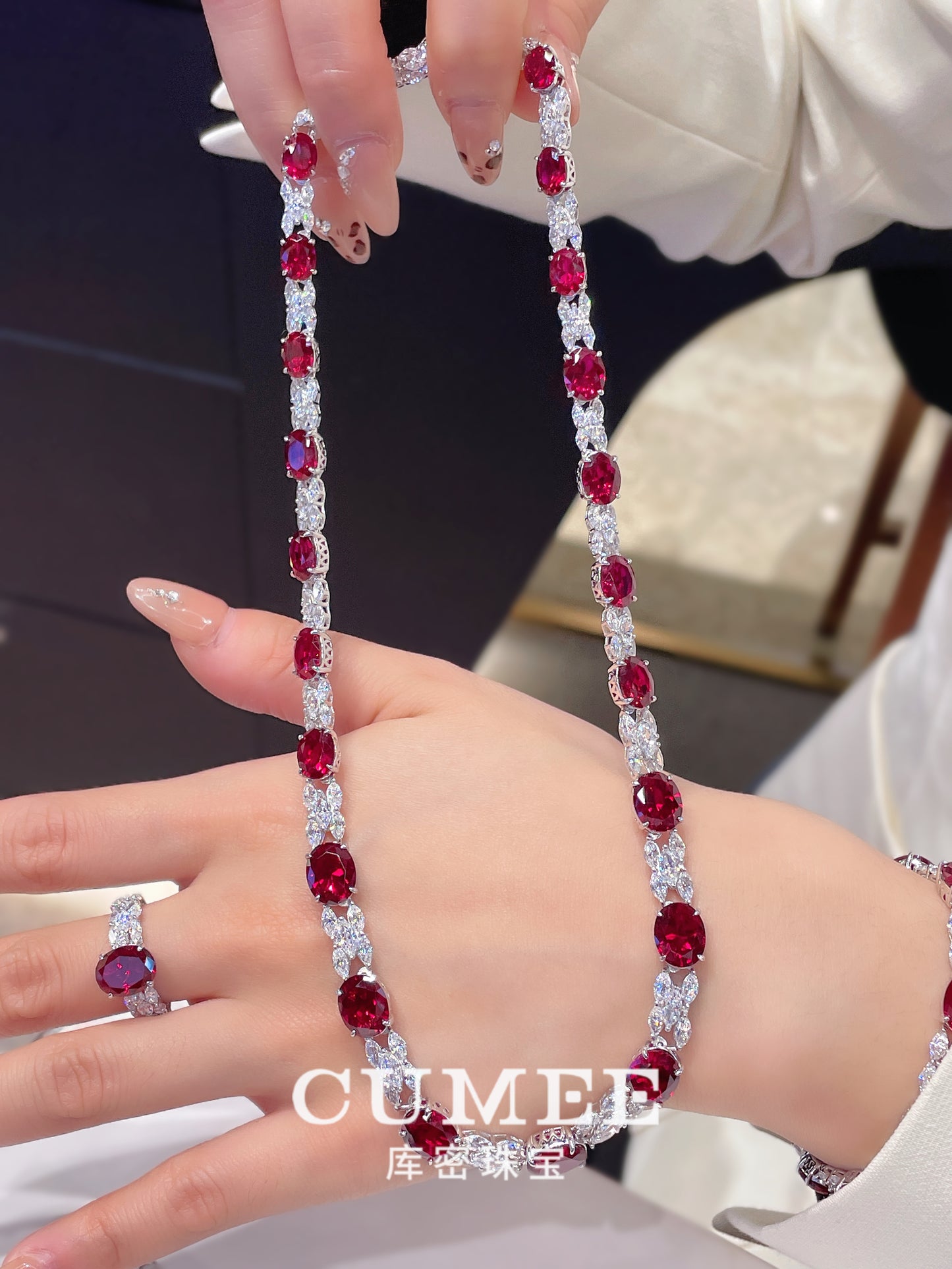 CUMEE Brand Fine Jewelry Cultivate Synthetic Ruby Gemstone CZ Necklace Women 925 Sterling Silver Gold Plated