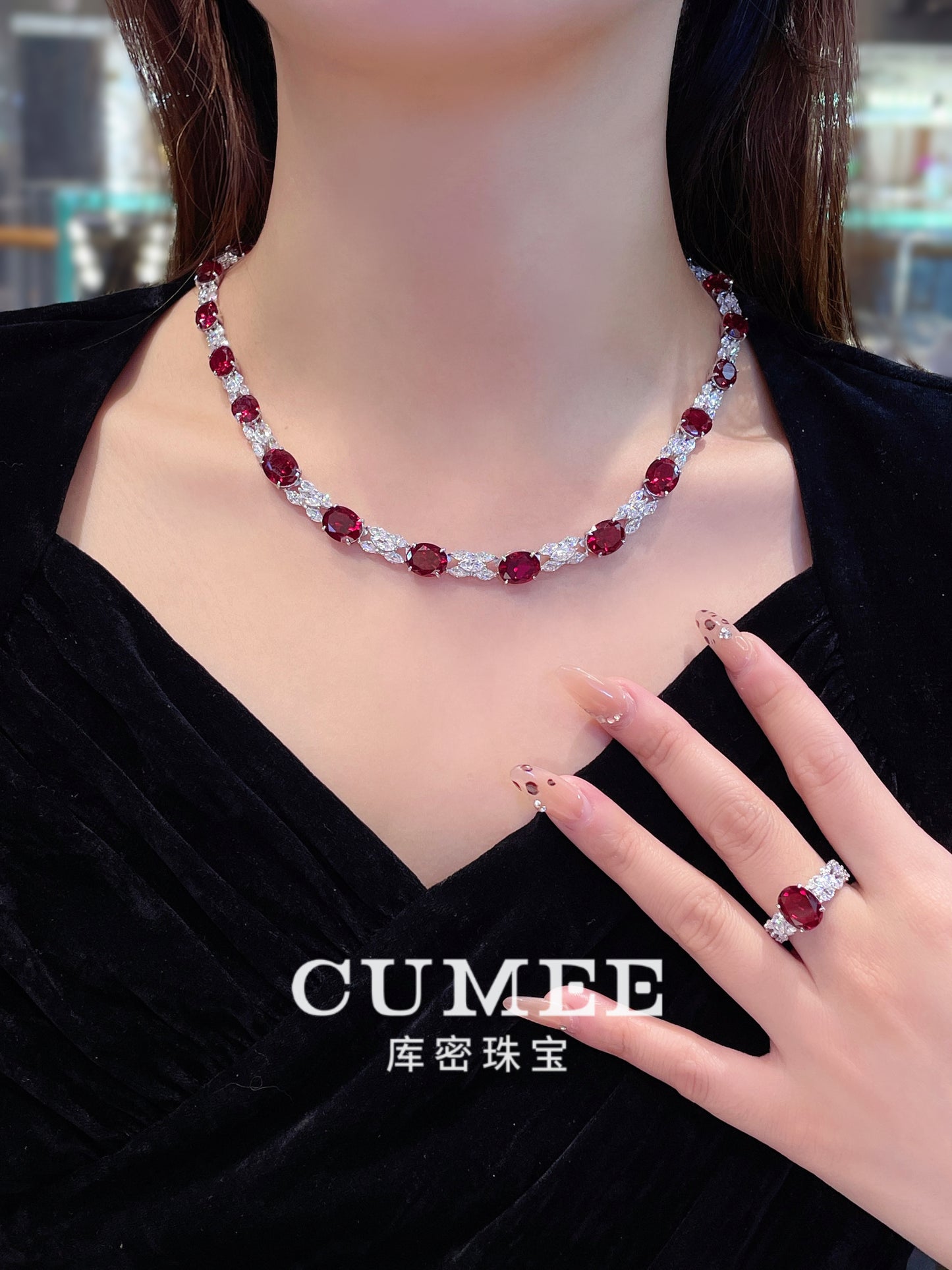 CUMEE Brand Fine Jewelry Cultivate Synthetic Ruby Gemstone CZ Necklace Women 925 Sterling Silver Gold Plated