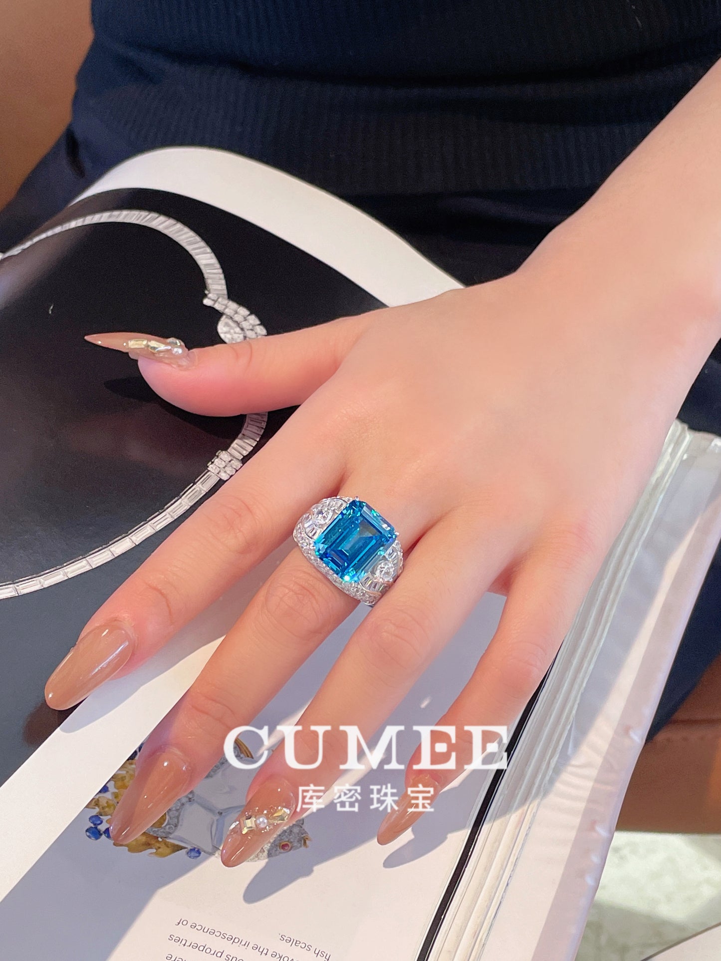 CUMEE Big Carat Santa Maria Blue Ring Men and Women Synthetic Gem Ring for Women. 925 Silver Gold Plated