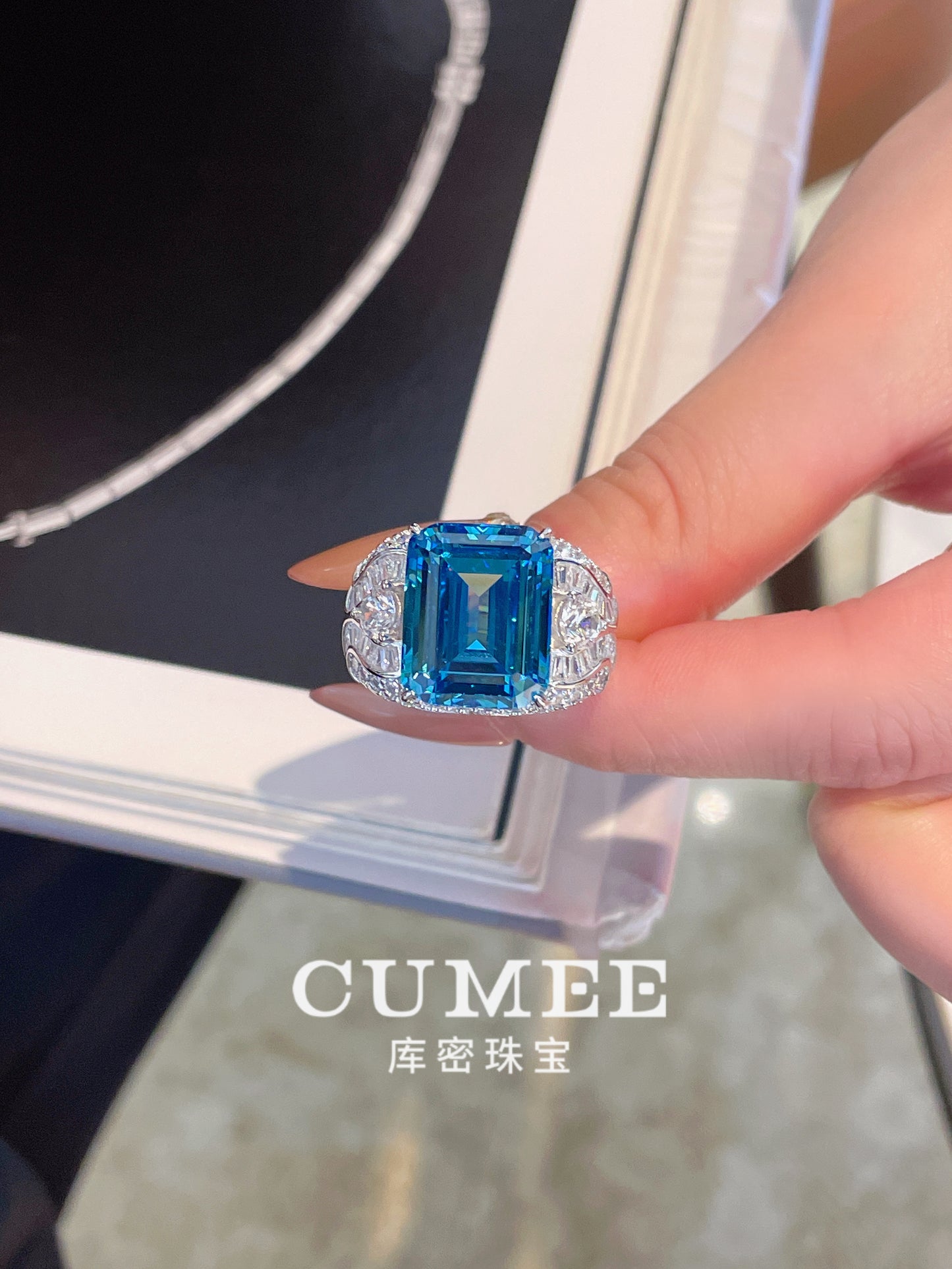 CUMEE Big Carat Santa Maria Blue Ring Men and Women Synthetic Gem Ring for Women. 925 Silver Gold Plated