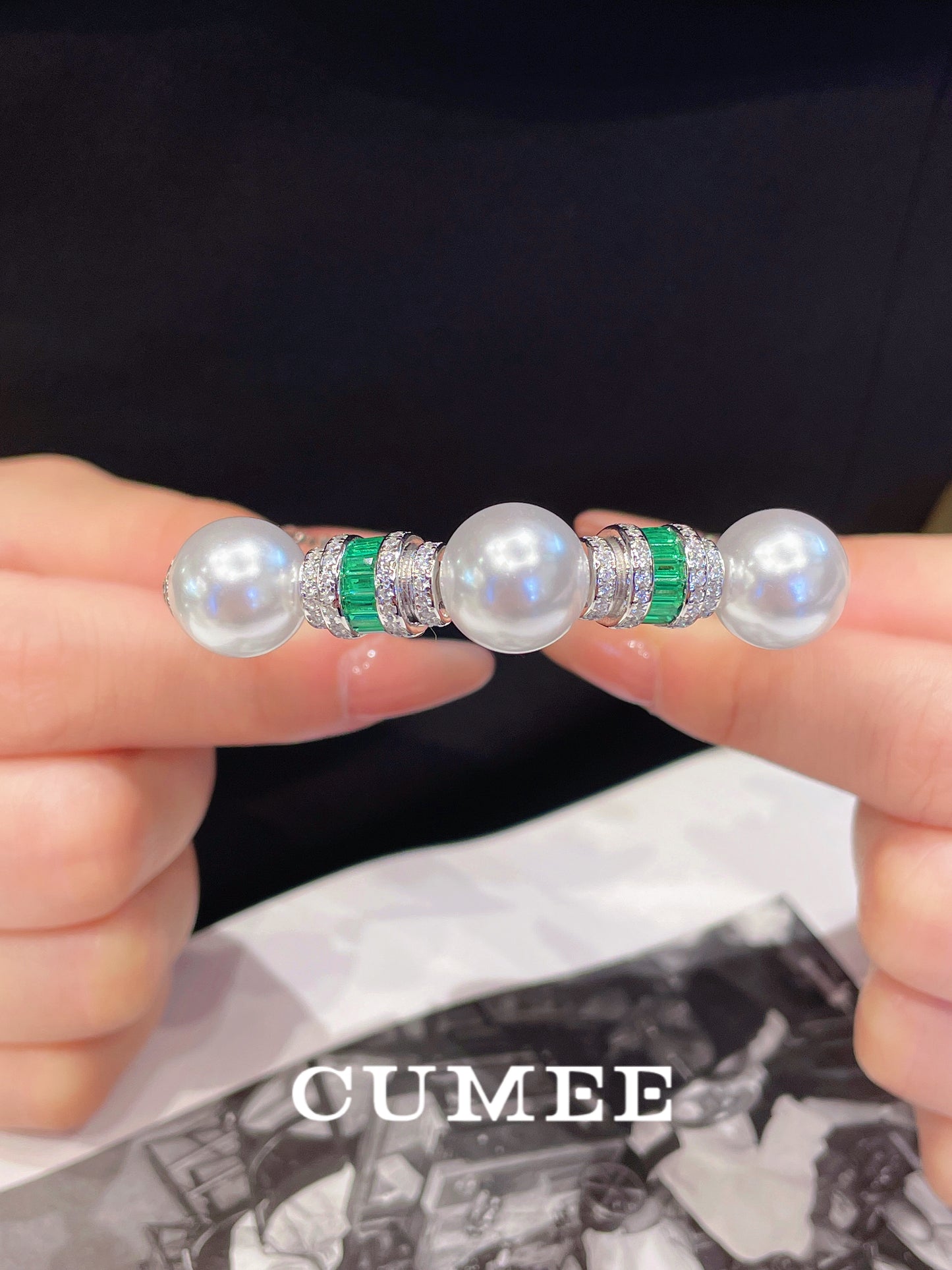CUMEE Fashionable Dinner Party 12m Open Artificial Australian White Pearl Bracelet Women 925 Silver Gold Plating