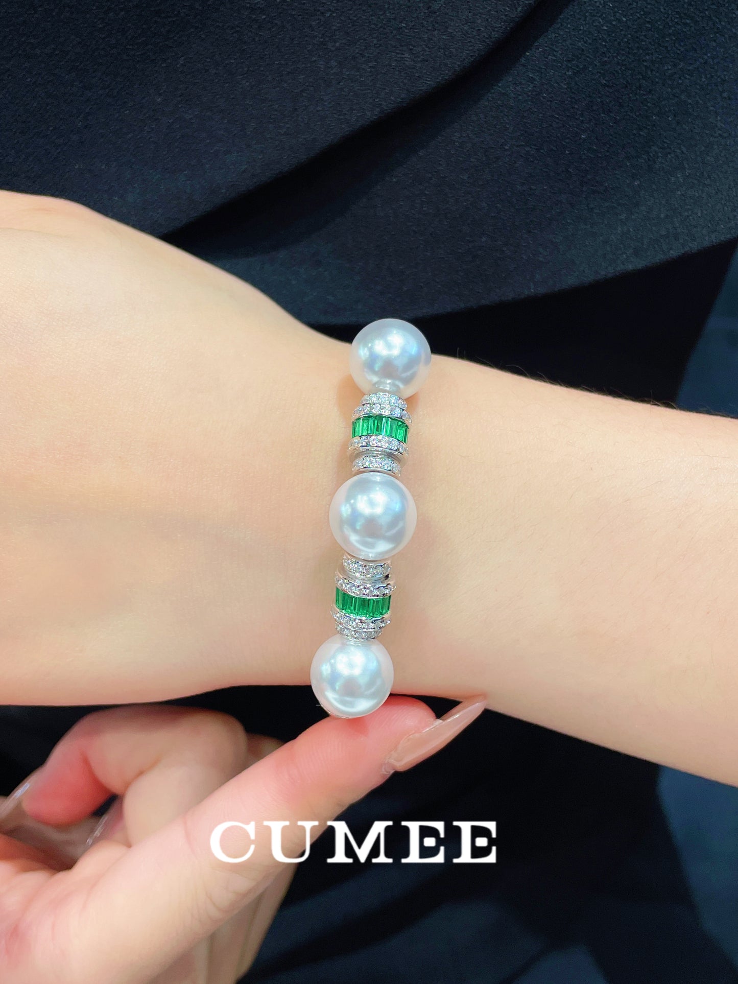 CUMEE Fashionable Dinner Party 12m Open Artificial Australian White Pearl Bracelet Women 925 Silver Gold Plating