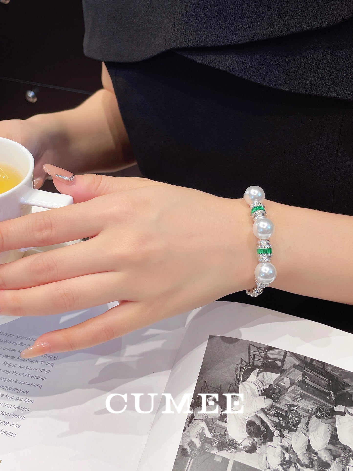 CUMEE Fashionable Dinner Party 12m Open Artificial Australian White Pearl Bracelet Women 925 Silver Gold Plating