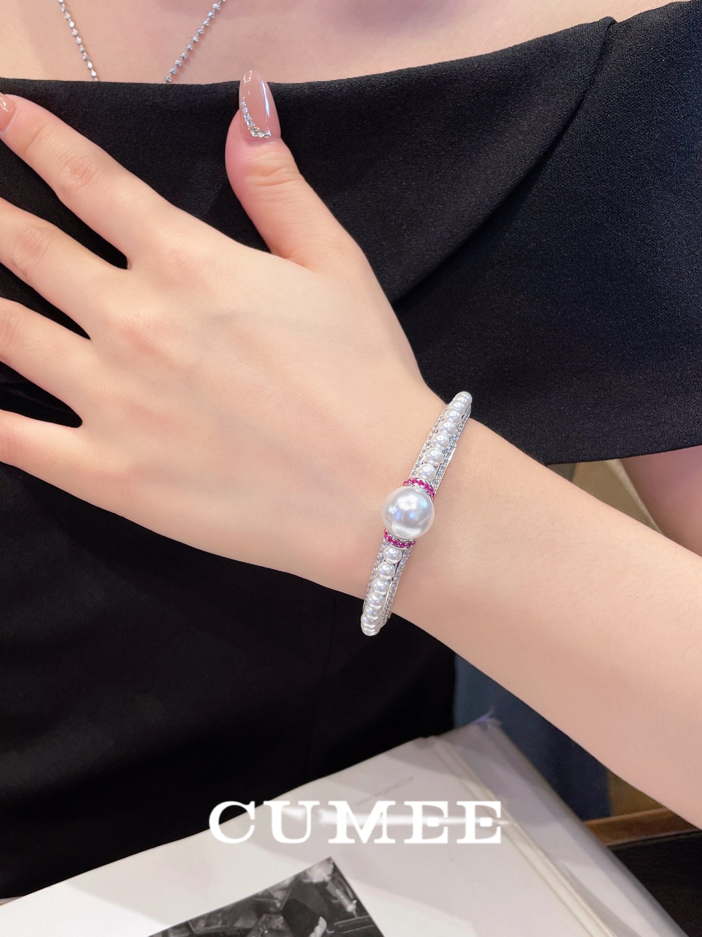 CUMEE Simulated Pearl Women Bracelet Artificial Australian White Pearl Bracelet 925 Silver Gold Plating