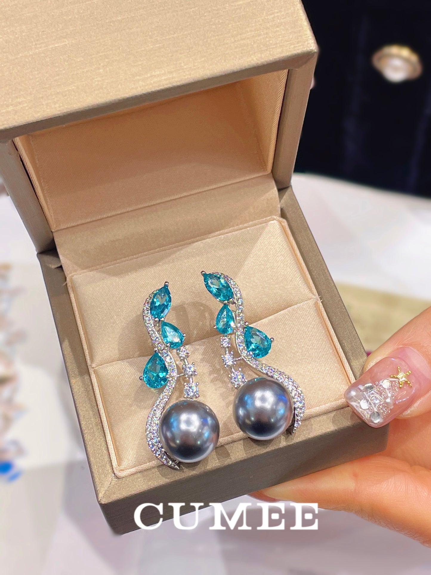 Cumee Paraiba Color Designer Gray Artificial Australian White Pearl Earrings Women Girls Gift 925 Silver Gold Plating