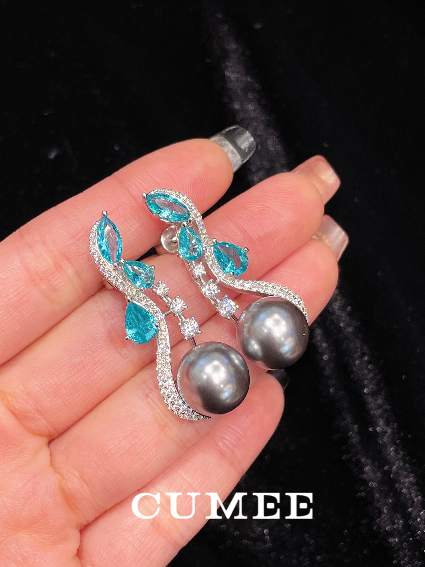 Cumee Paraiba Color Designer Gray Artificial Australian White Pearl Earrings Women Girls Gift 925 Silver Gold Plating