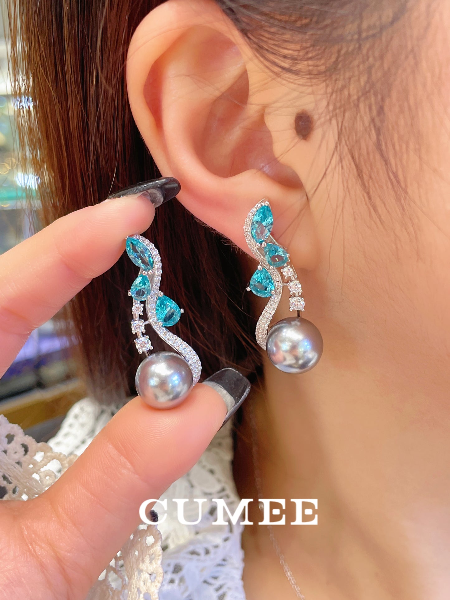 Cumee Paraiba Color Designer Gray Artificial Australian White Pearl Earrings Women Girls Gift 925 Silver Gold Plating