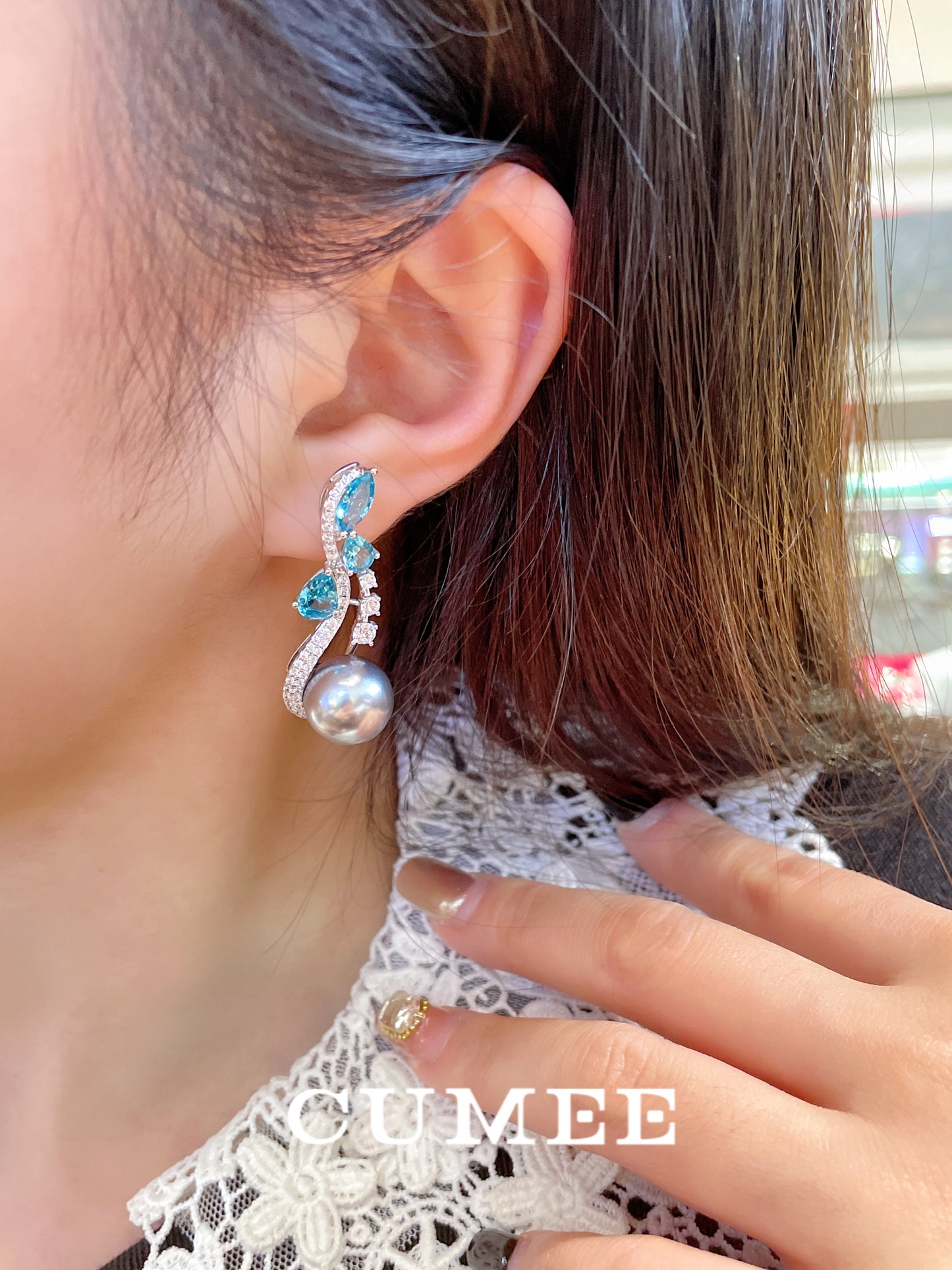 Cumee Paraiba Color Designer Gray Artificial Australian White Pearl Earrings Women Girls Gift 925 Silver Gold Plating