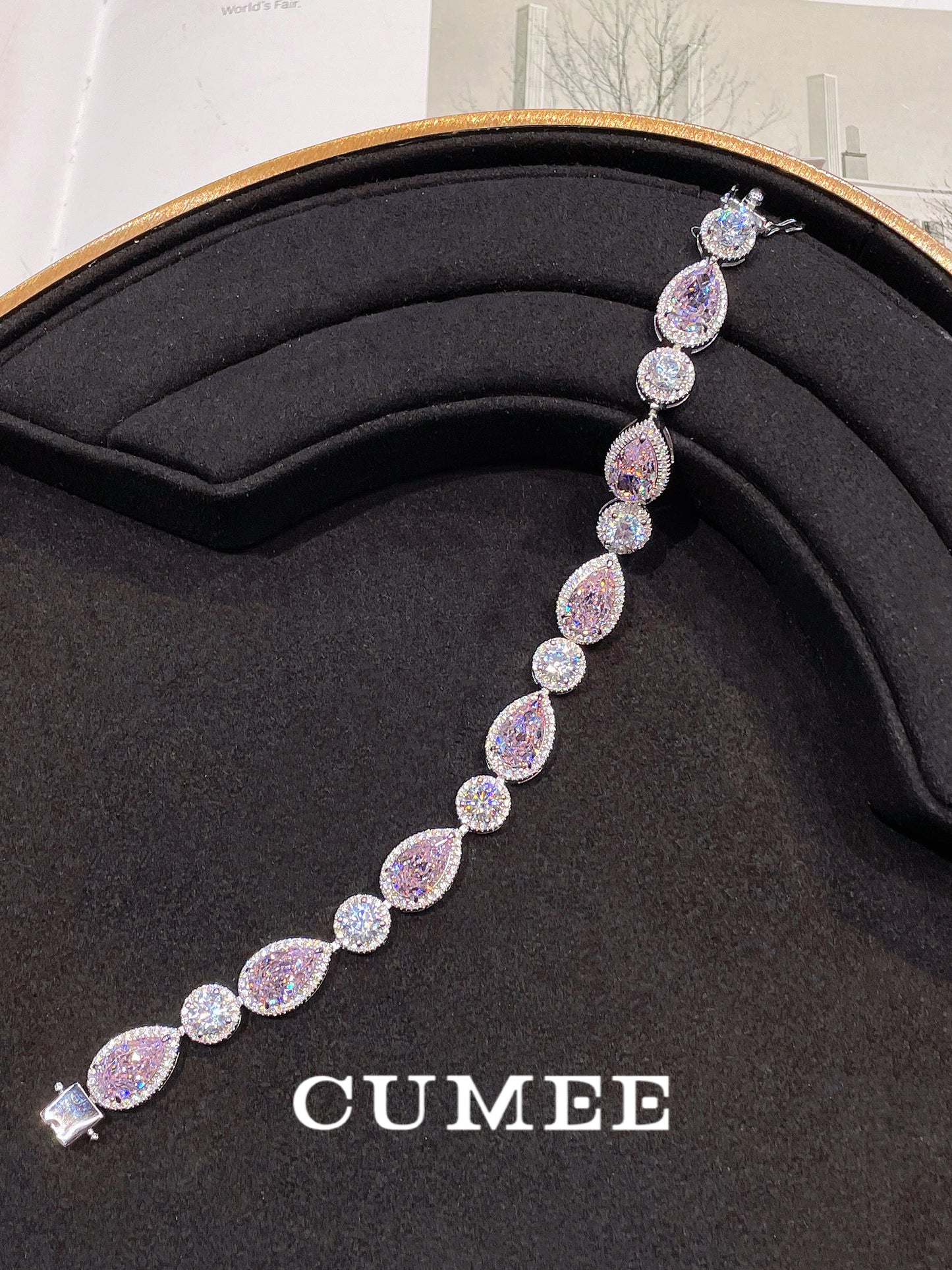 CUMEE Sterling Silver Bracelet Water Drop Cherry Blossom Pink Artificial Pink Diamond Bracelet. Silver Gold-plated