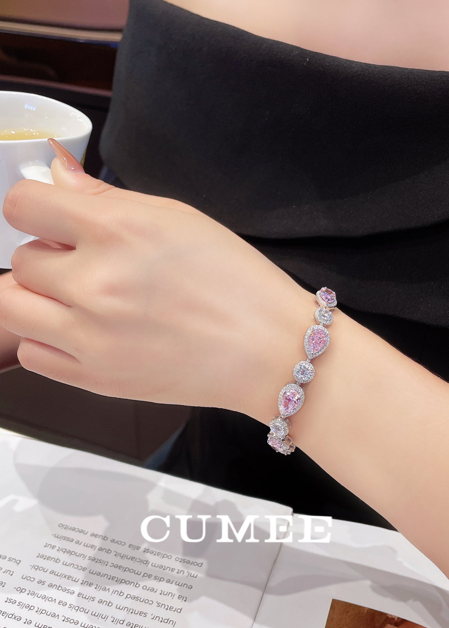 CUMEE Sterling Silver Bracelet Water Drop Cherry Blossom Pink Artificial Pink Diamond Bracelet. Silver Gold-plated