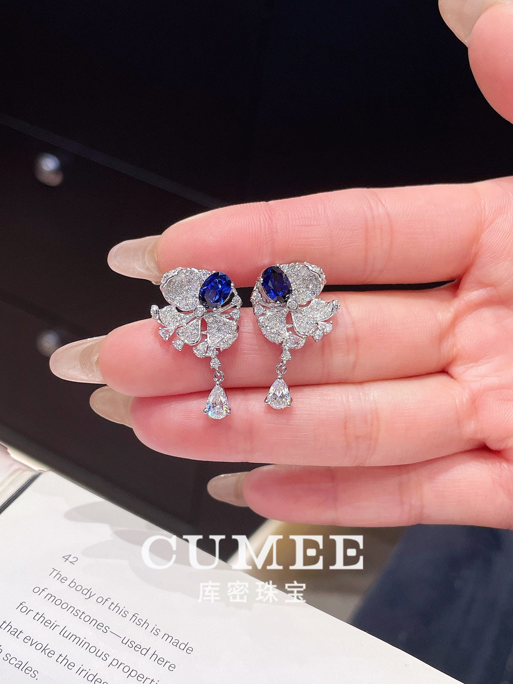 CUMEE Exquisite Small Earrings Personalized Design Style Cultivated Synthetic Sapphire Earrings. Silver-plated Gold
