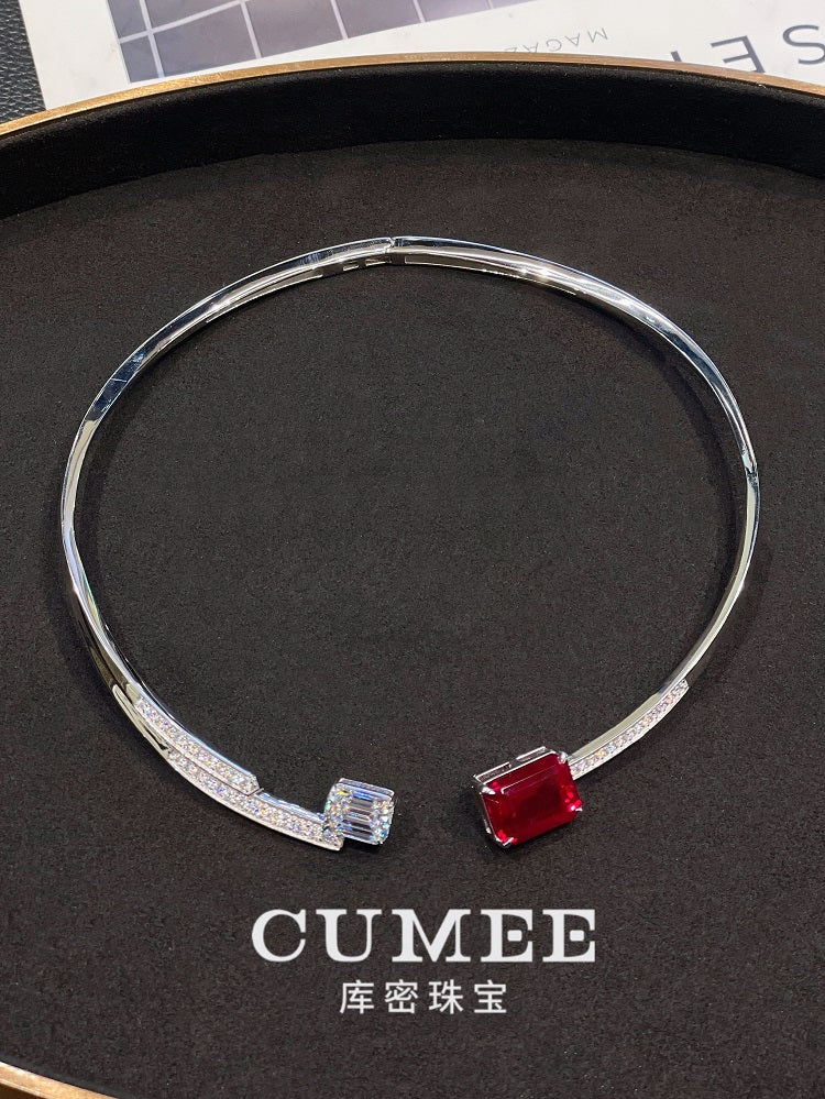 CUMEE Large Carat T-shaped Design Cultivation Synthetic Ruby Collar Necklace Open 925 sterling Silver Gold Plating