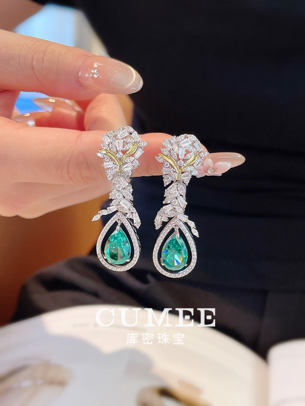 CUMEE European and American Fashion Water Droplets Synthetic Paraiba Green Earrings Women. Silver-plated Gold