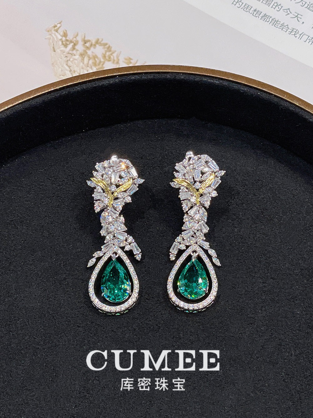 CUMEE European and American Fashion Water Droplets Synthetic Paraiba Green Earrings Women. Silver-plated Gold