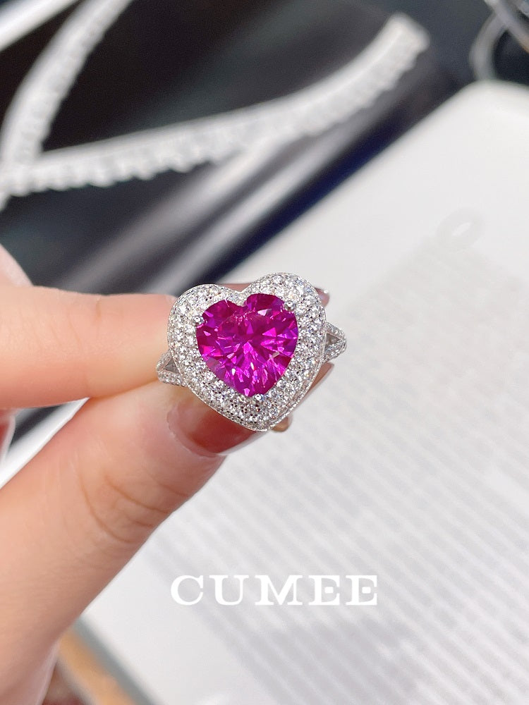 Cumee Heart Classic Lab Created Gemstone Rose Red Surrounded Women's Ring. 925 Silver Plated Gold Rings for Women