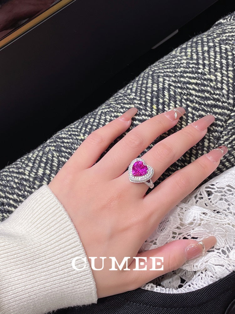 Cumee Heart Classic Lab Created Gemstone Rose Red Surrounded Women's Ring. 925 Silver Plated Gold Rings for Women