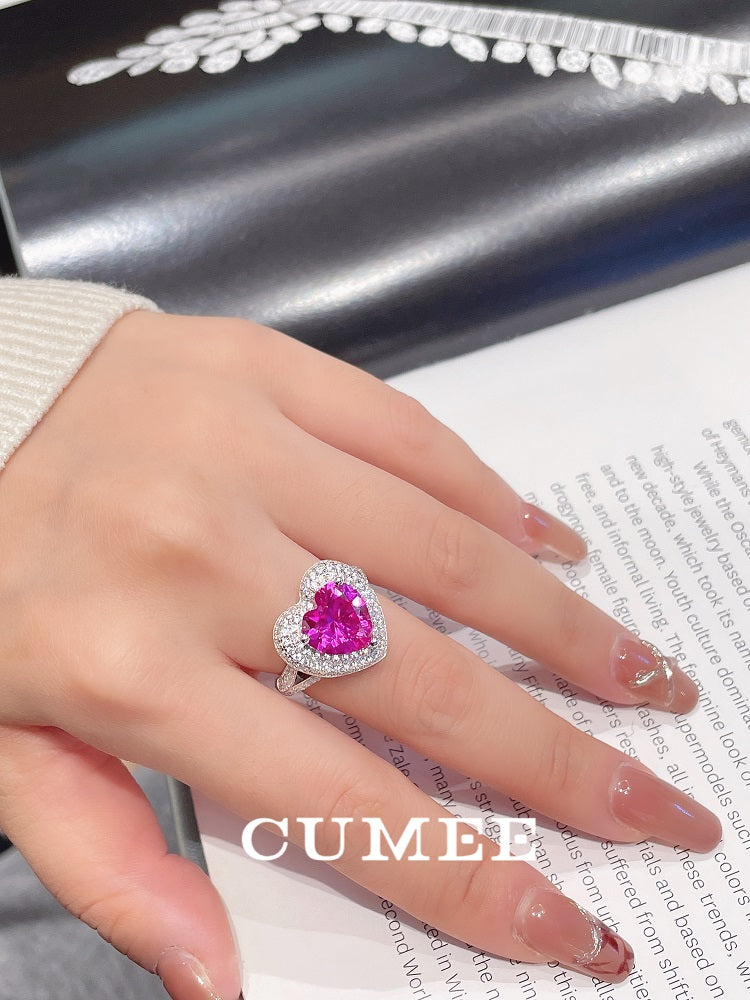 Cumee Heart Classic Lab Created Gemstone Rose Red Surrounded Women's Ring. 925 Silver Plated Gold Rings for Women