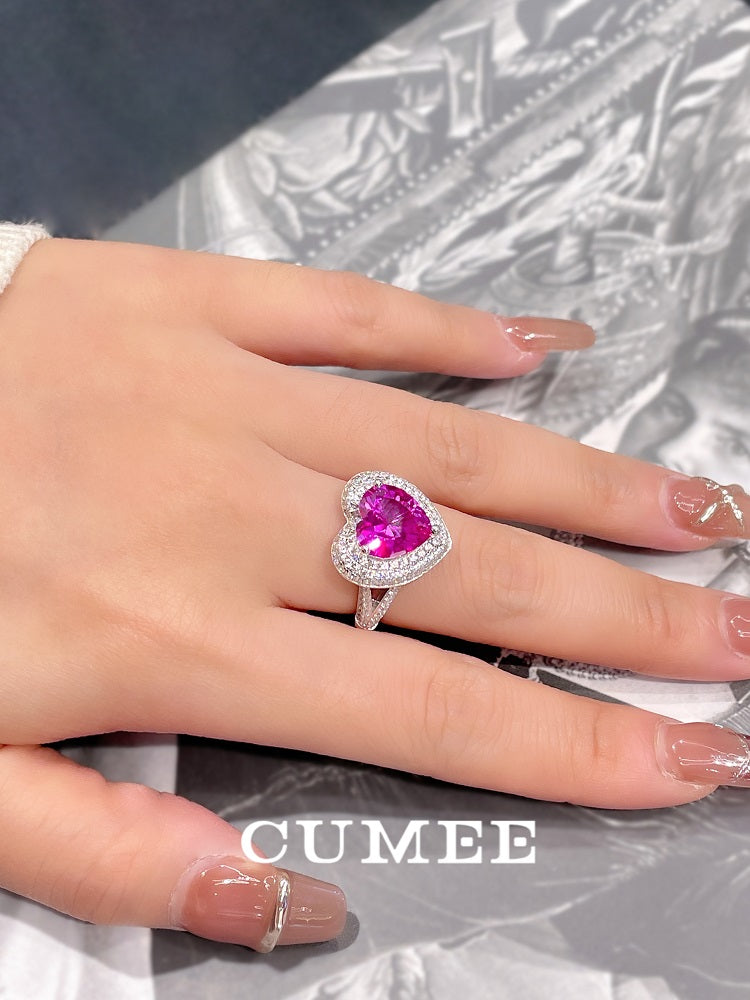 Cumee Heart Classic Lab Created Gemstone Rose Red Surrounded Women's Ring. 925 Silver Plated Gold Rings for Women