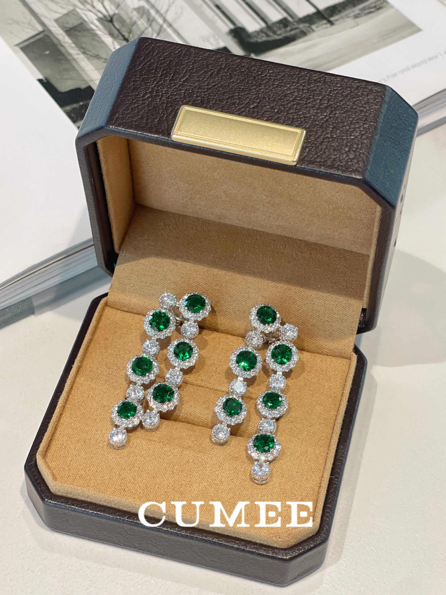 CUMEE Designer Style Tassel Fashion Cultivation Synthetic Emerald Earrings Women Mother with Silver Gold-plated