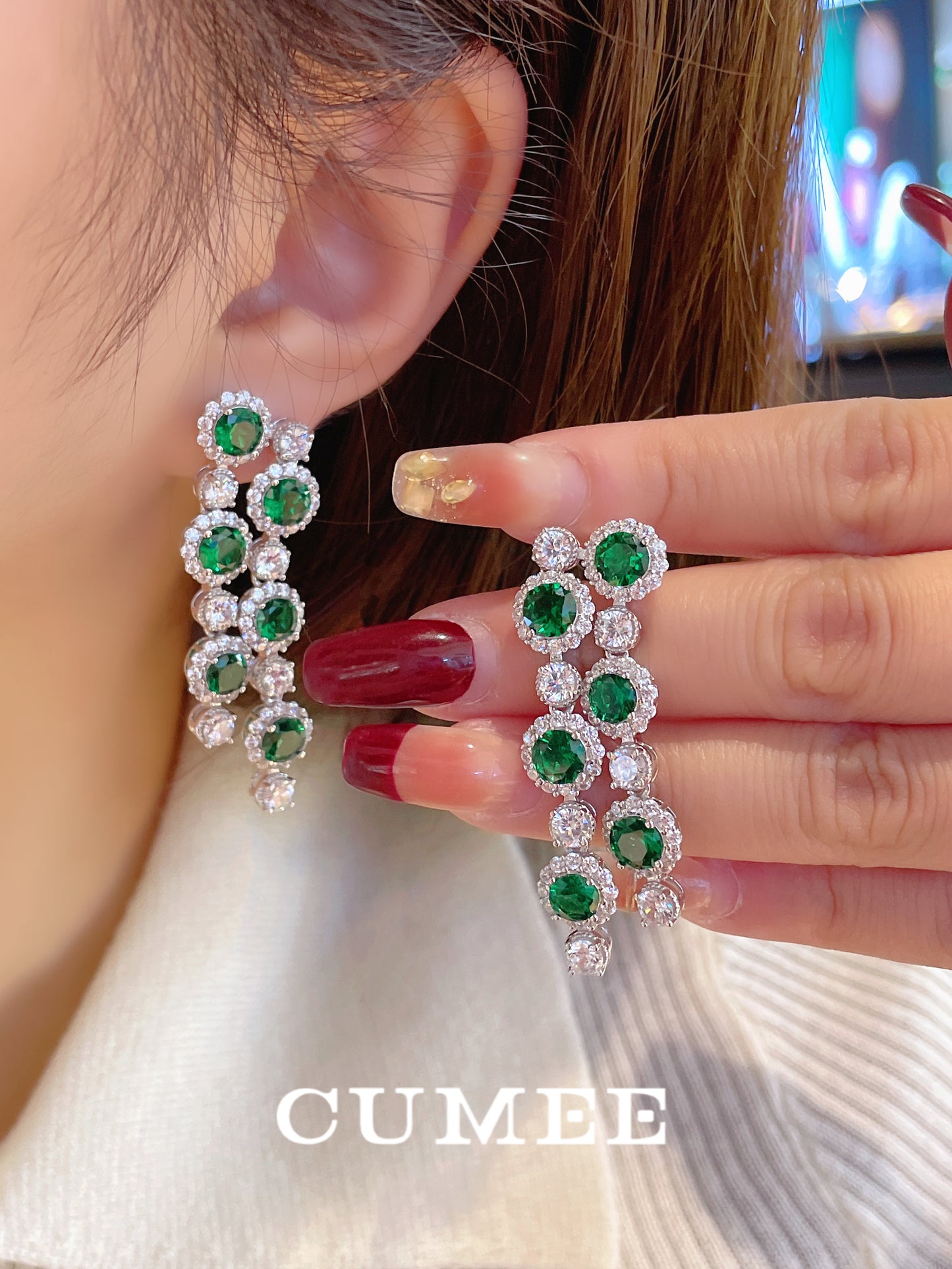 CUMEE Designer Style Tassel Fashion Cultivation Synthetic Emerald Earrings Women Mother with Silver Gold-plated