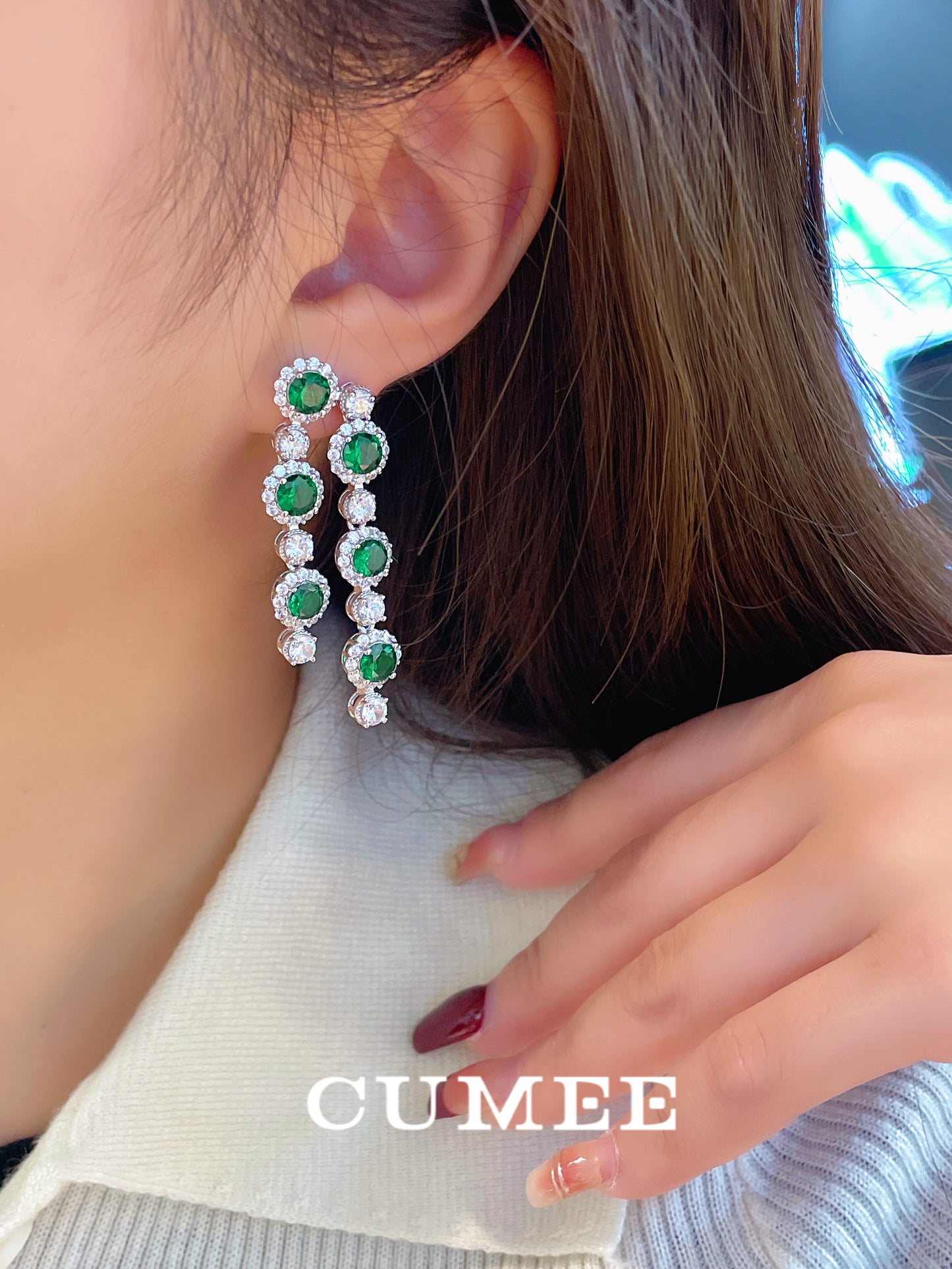 CUMEE Designer Style Tassel Fashion Cultivation Synthetic Emerald Earrings Women Mother with Silver Gold-plated