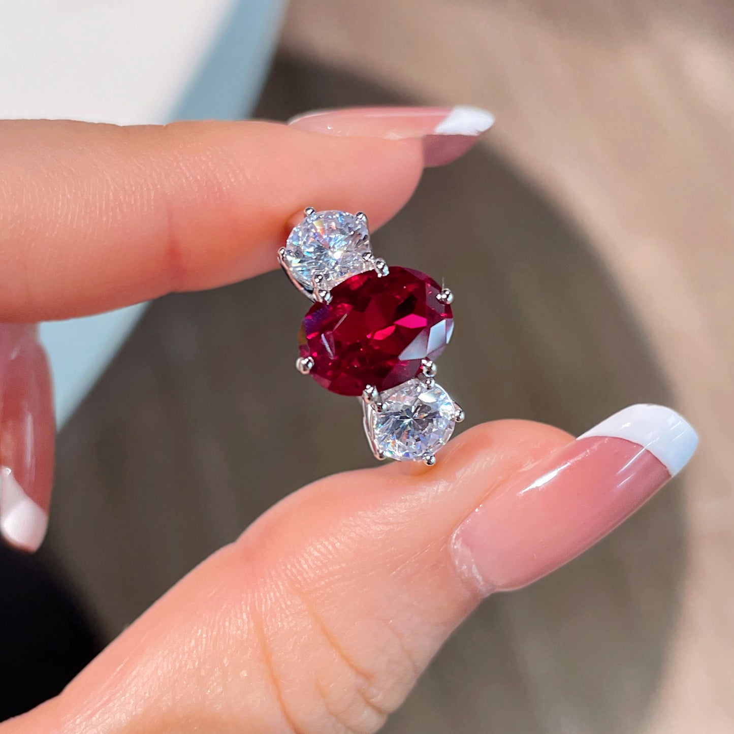 CUMEE Classic Small Carat Three Stone Cultivated Ruby Gemstone Red Ring 925 Silver Gold plated gift for Wife and Girlfriend