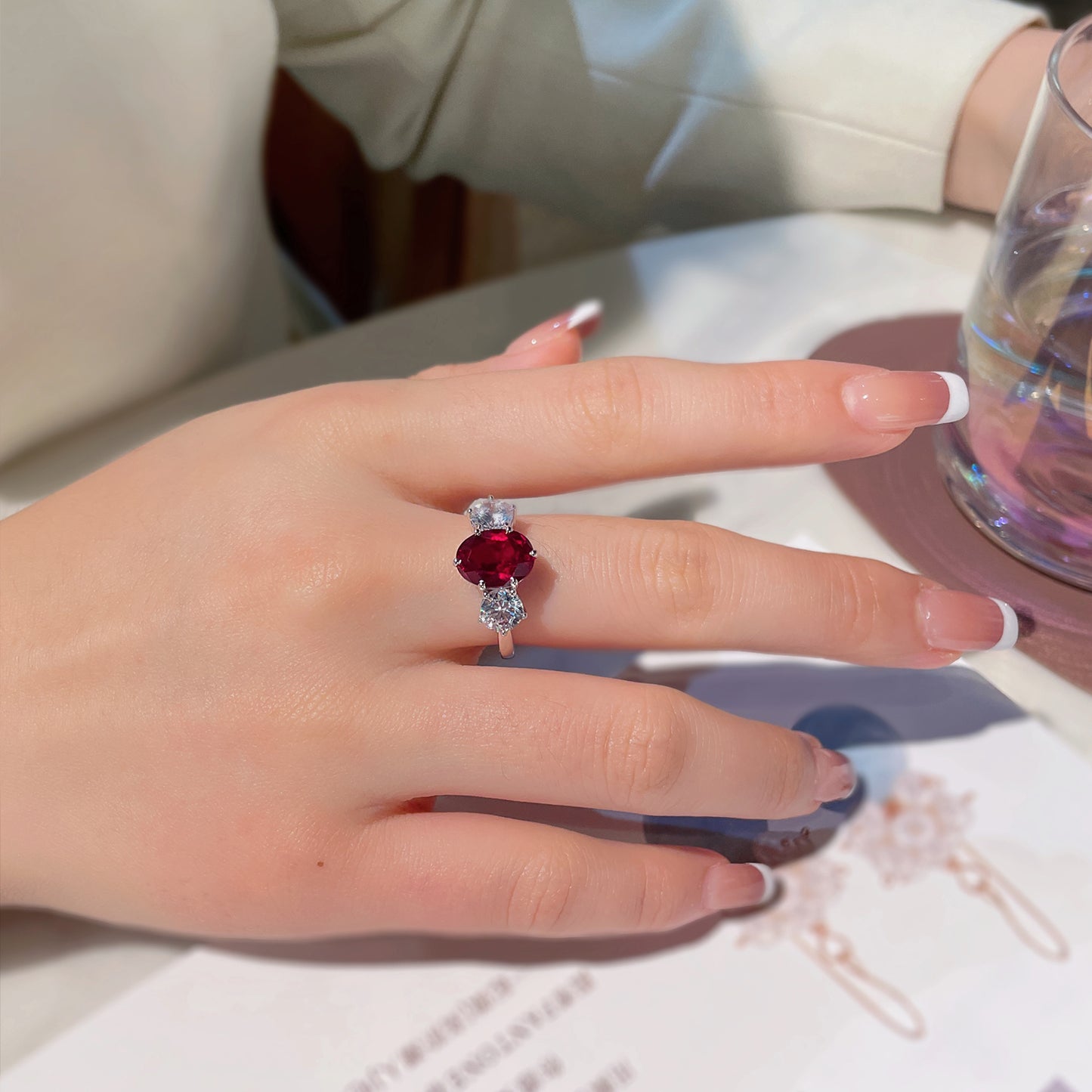 CUMEE Classic Small Carat Three Stone Cultivated Ruby Gemstone Red Ring 925 Silver Gold plated gift for Wife and Girlfriend