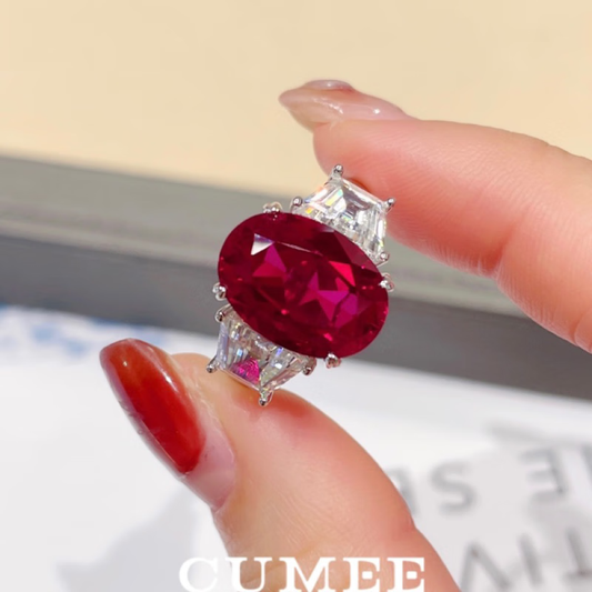 CUMEE Simple Large Carat Oval Cut Cultivated Red Gemstone Ruby ring 925 Silver gold-plated ring