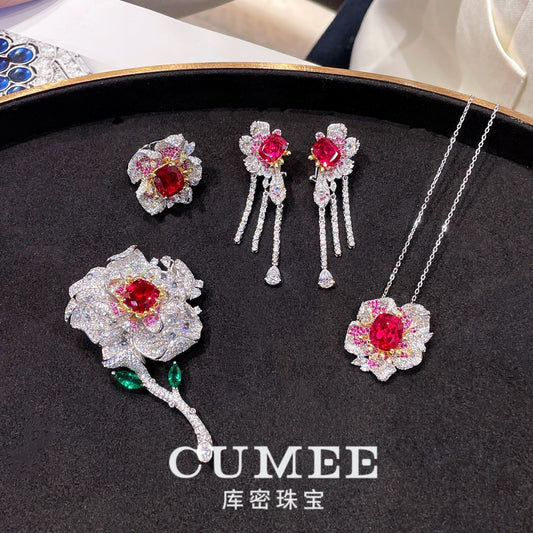 Cumee Fine Jewelry Peony Series Noble Cultivation Synthetic Ruby Ring Earring Brooch Set for Women. 925 Silver-plated Gold